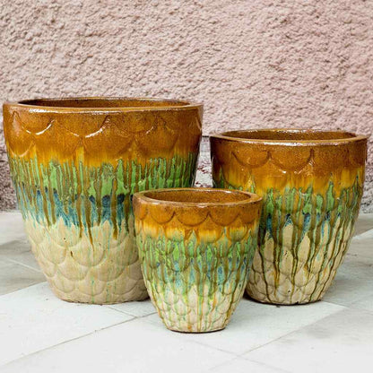 8935 Fish Scale-Pattern Ceramic Pot - Set of 3