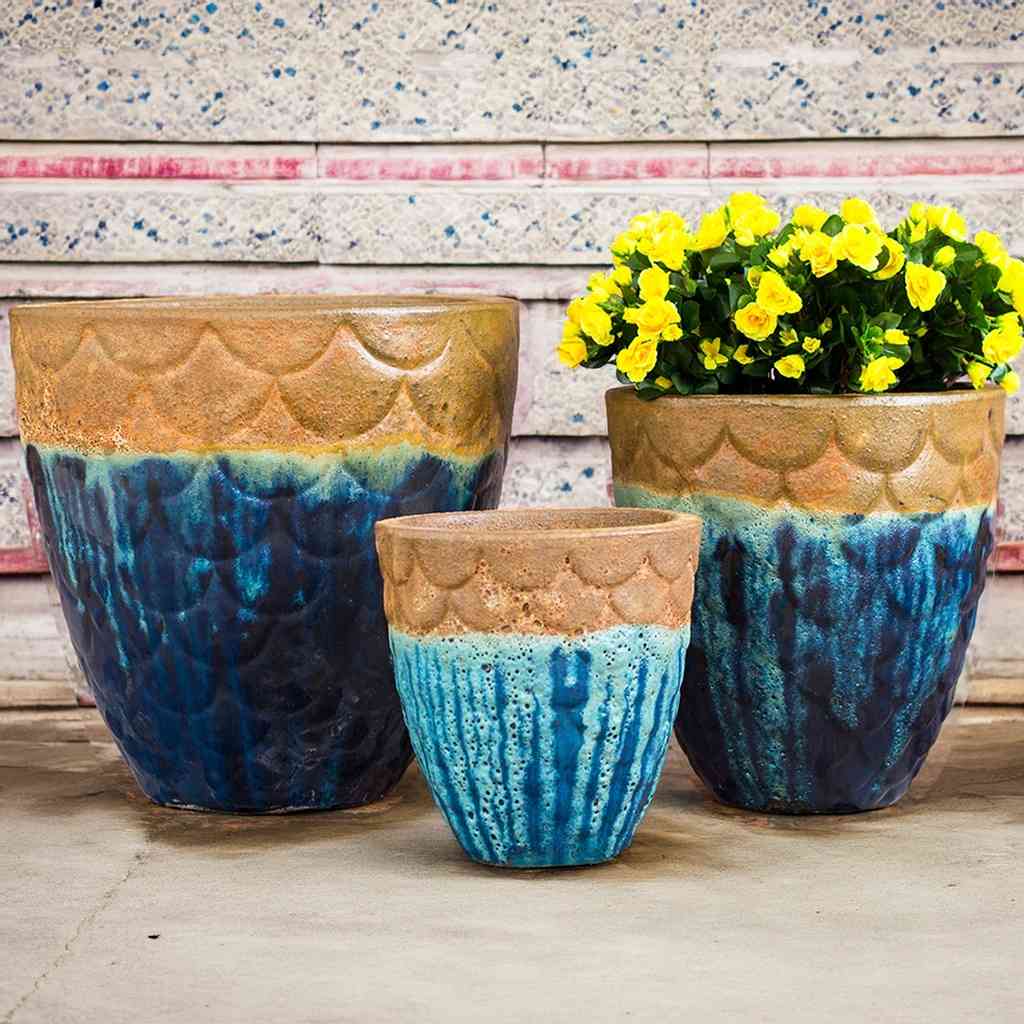 8935 Fish Scale-Pattern Ceramic Pot - Set of 3