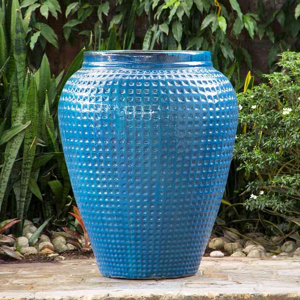Wholesale Blue quilted jar planter with a textured, geometric pattern
