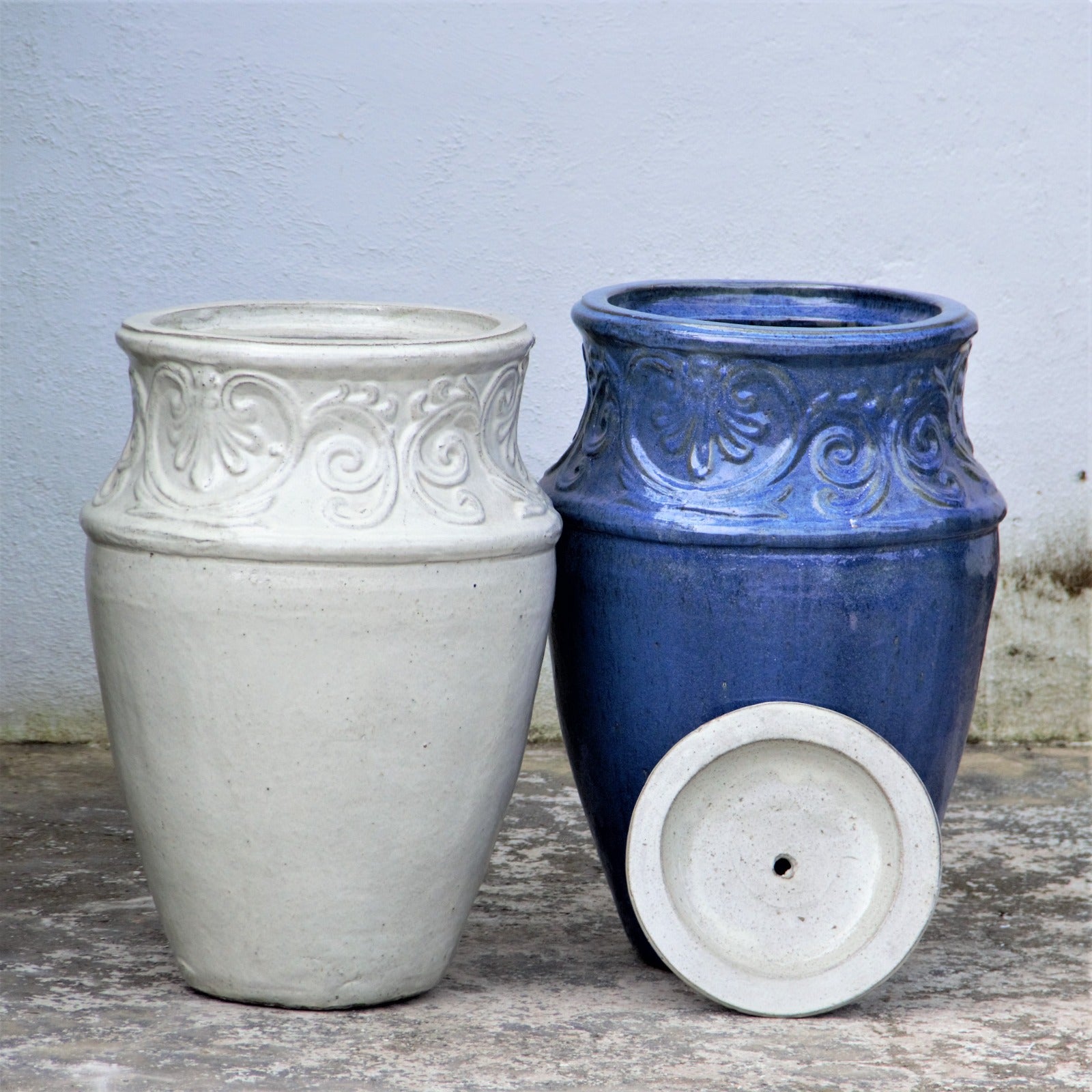 White and Blue Artisan Ceramic Fountain Jar