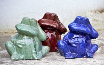 Glossy green, red and blue ceramic frog garden decor set