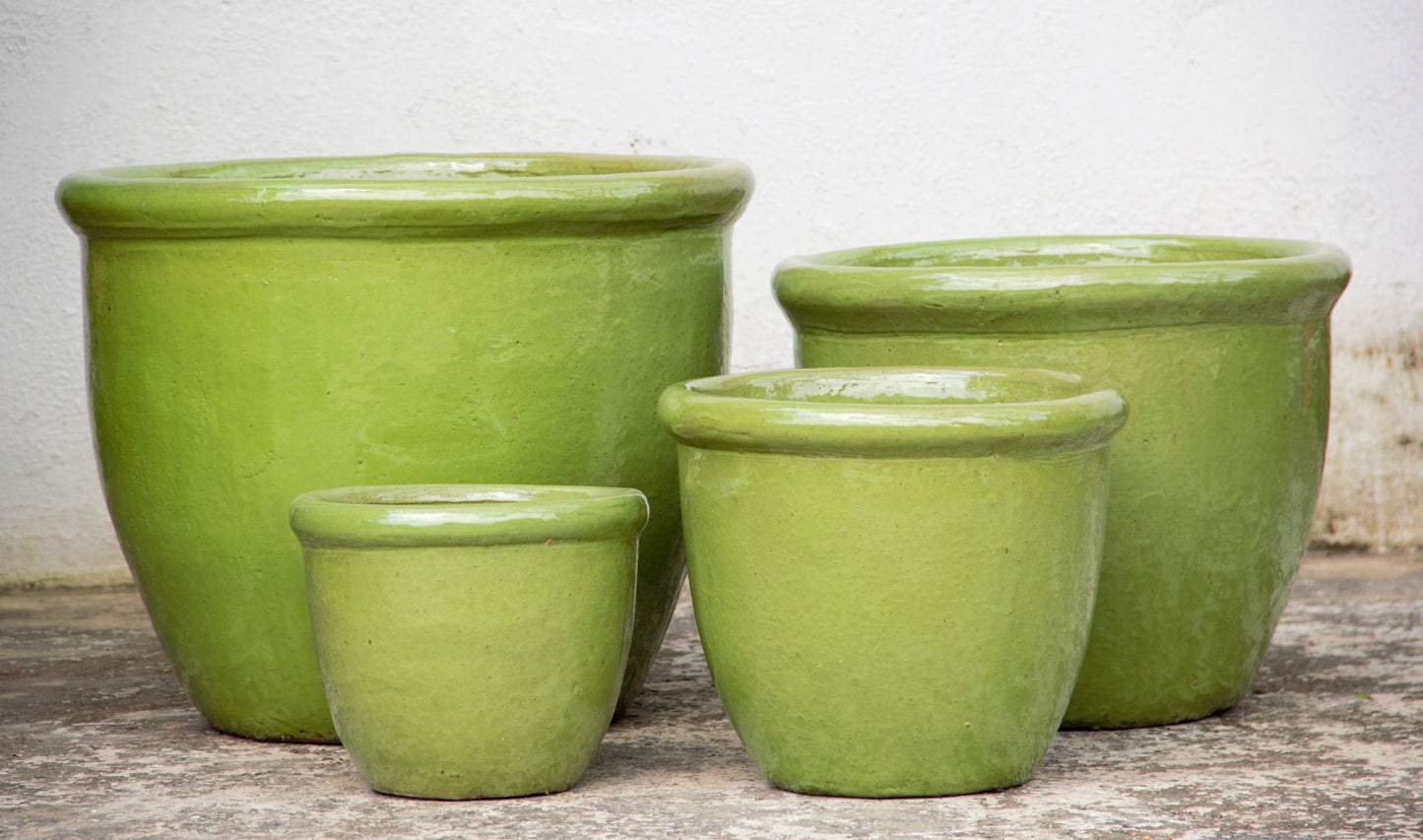 Avocado green wide rim planter set