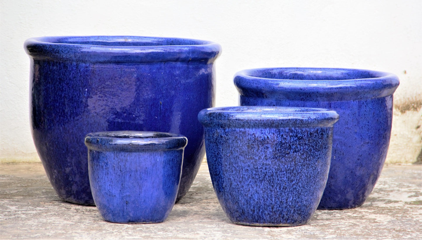 Blue wide rim planter set
