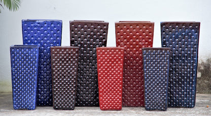 Blue, Brown, Red and Blue Brown Dimpled Ceramic Square Planter Set