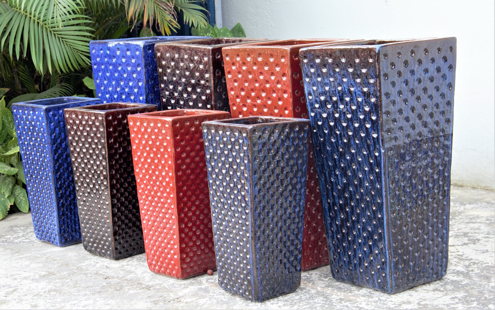 Blue, Brown, Red and Blue Brown Dimpled Ceramic Square Planter Set