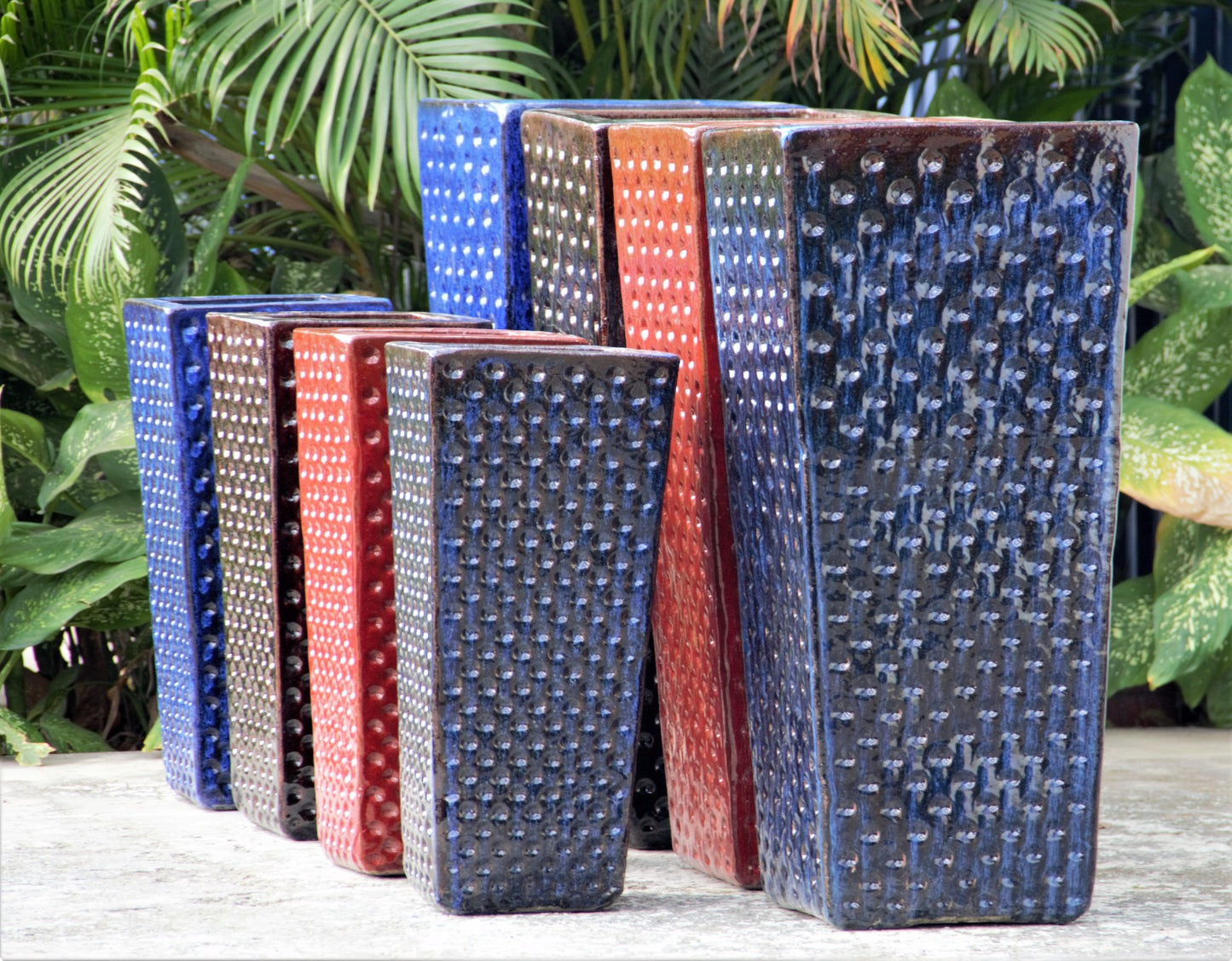 Blue, Brown, Red and Blue Brown Dimpled Ceramic Square Planter Set