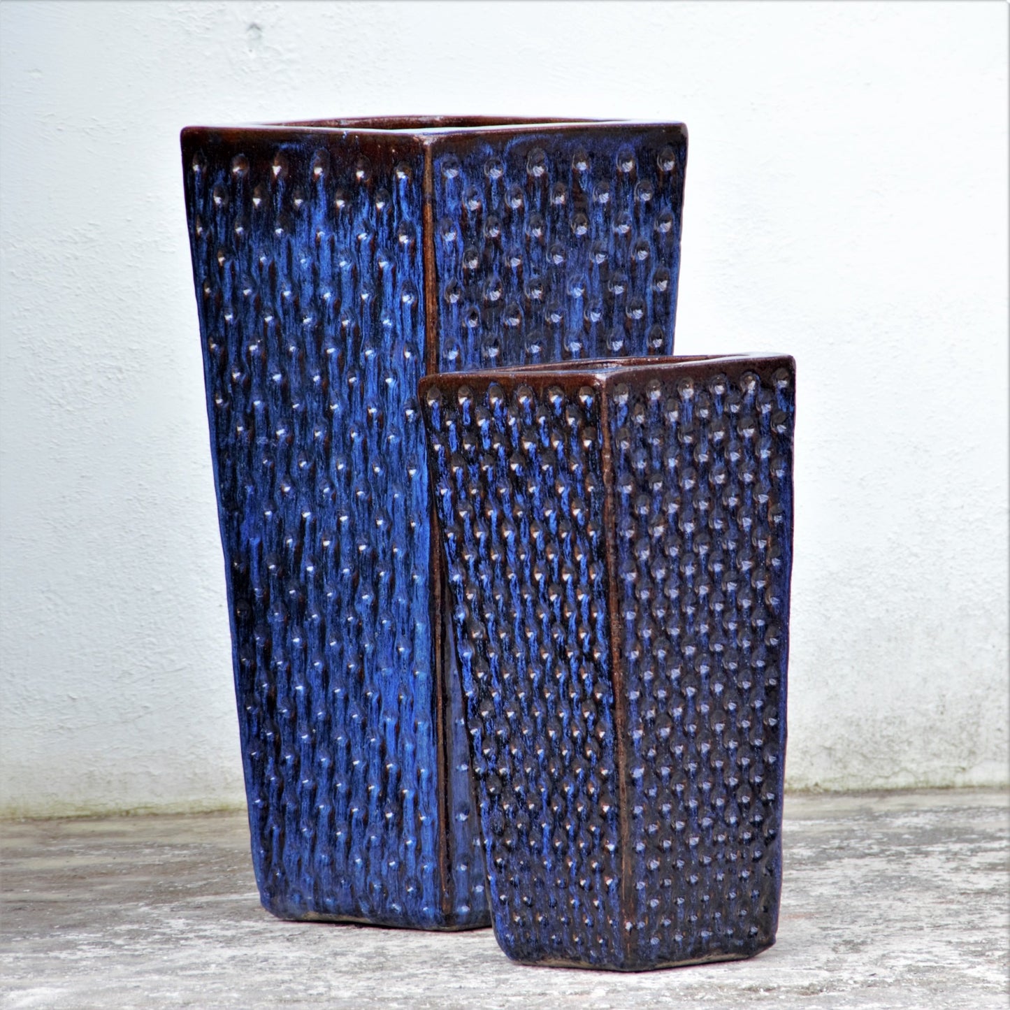 Blue Brown Dimpled Ceramic Square Planter Set