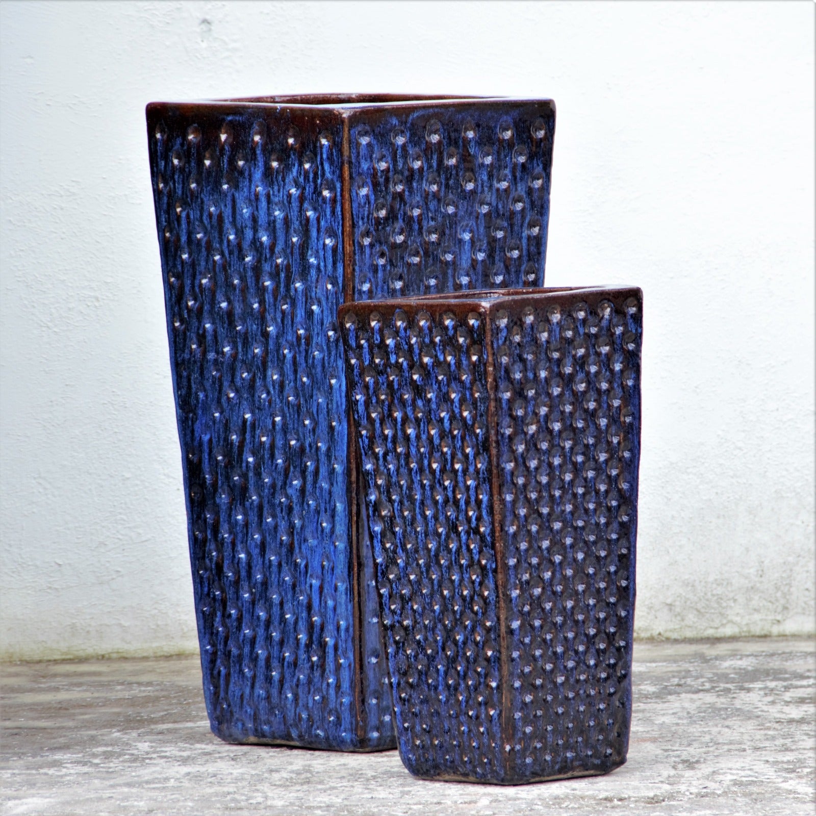 Blue Brown Dimpled Ceramic Square Planter Set
