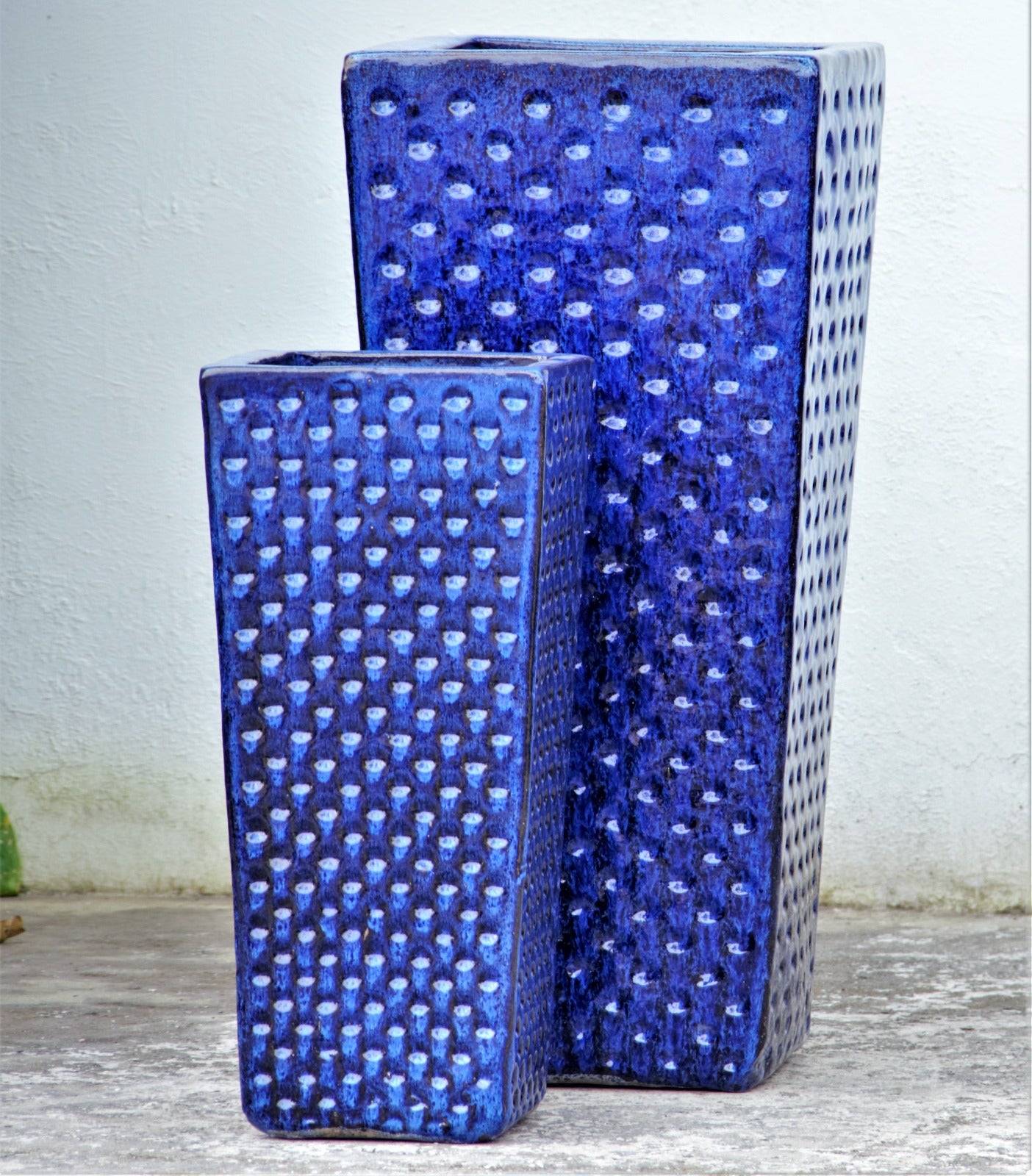 Blue Dimpled Ceramic Square Planter Set