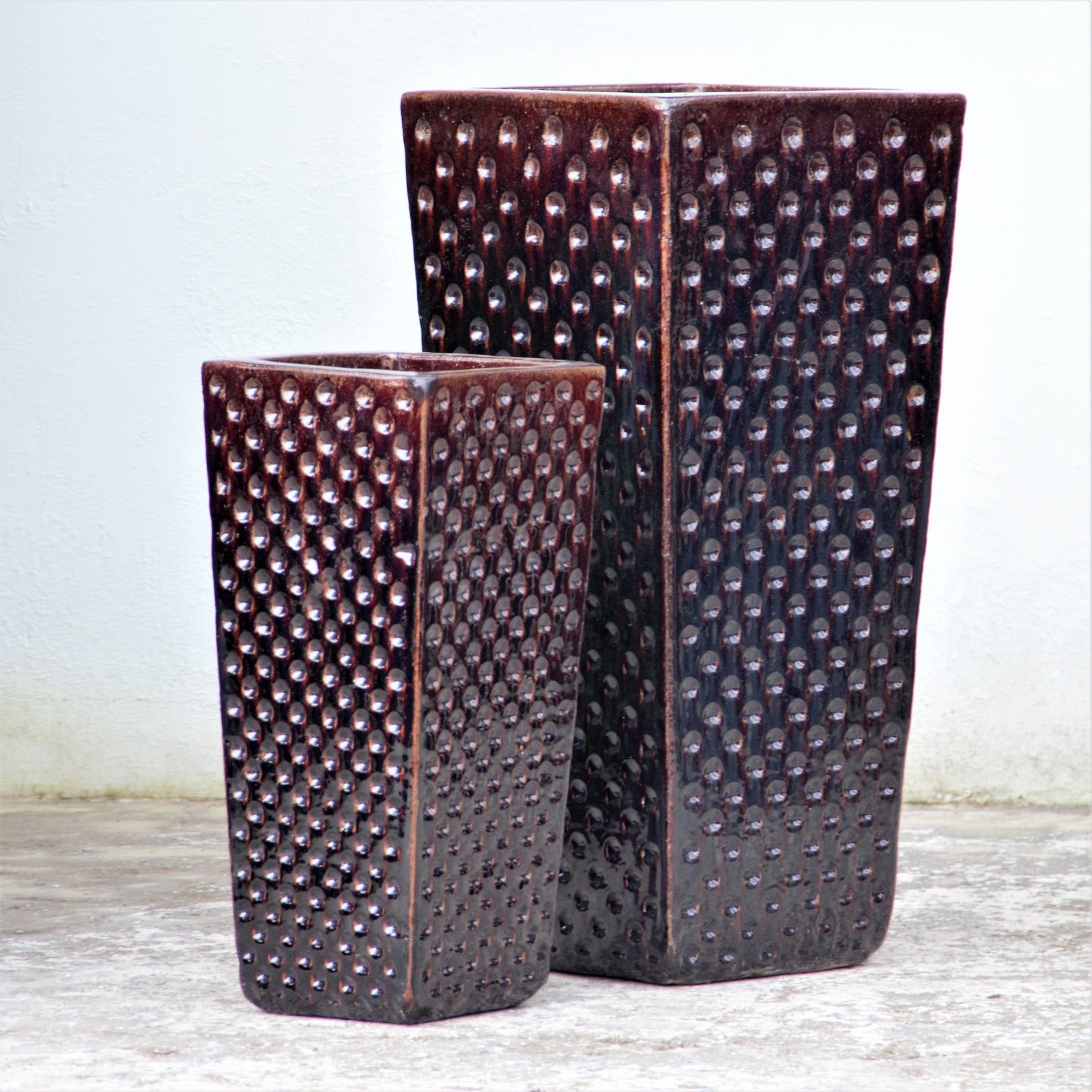 Brown Dimpled Ceramic Square Planter Set
