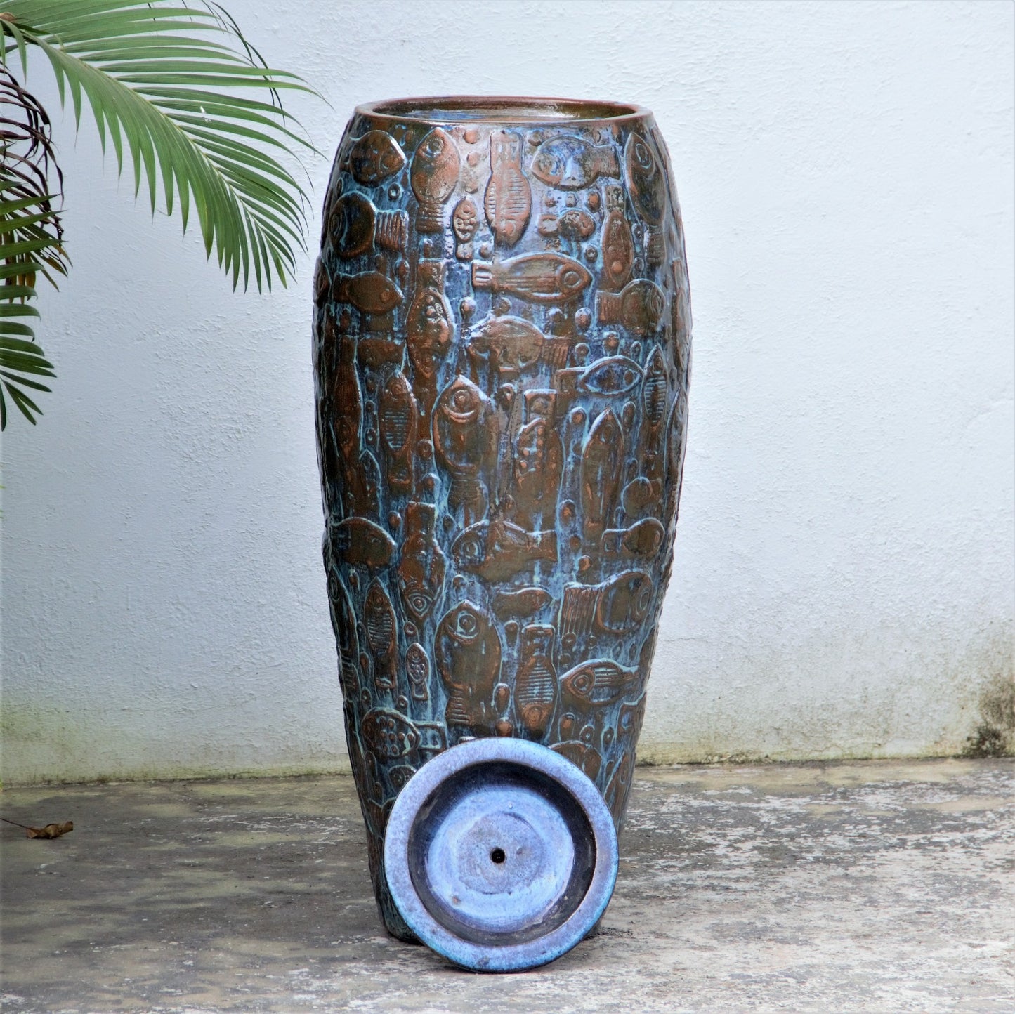 Blue with brown Embossed Fish Ceramic Planter