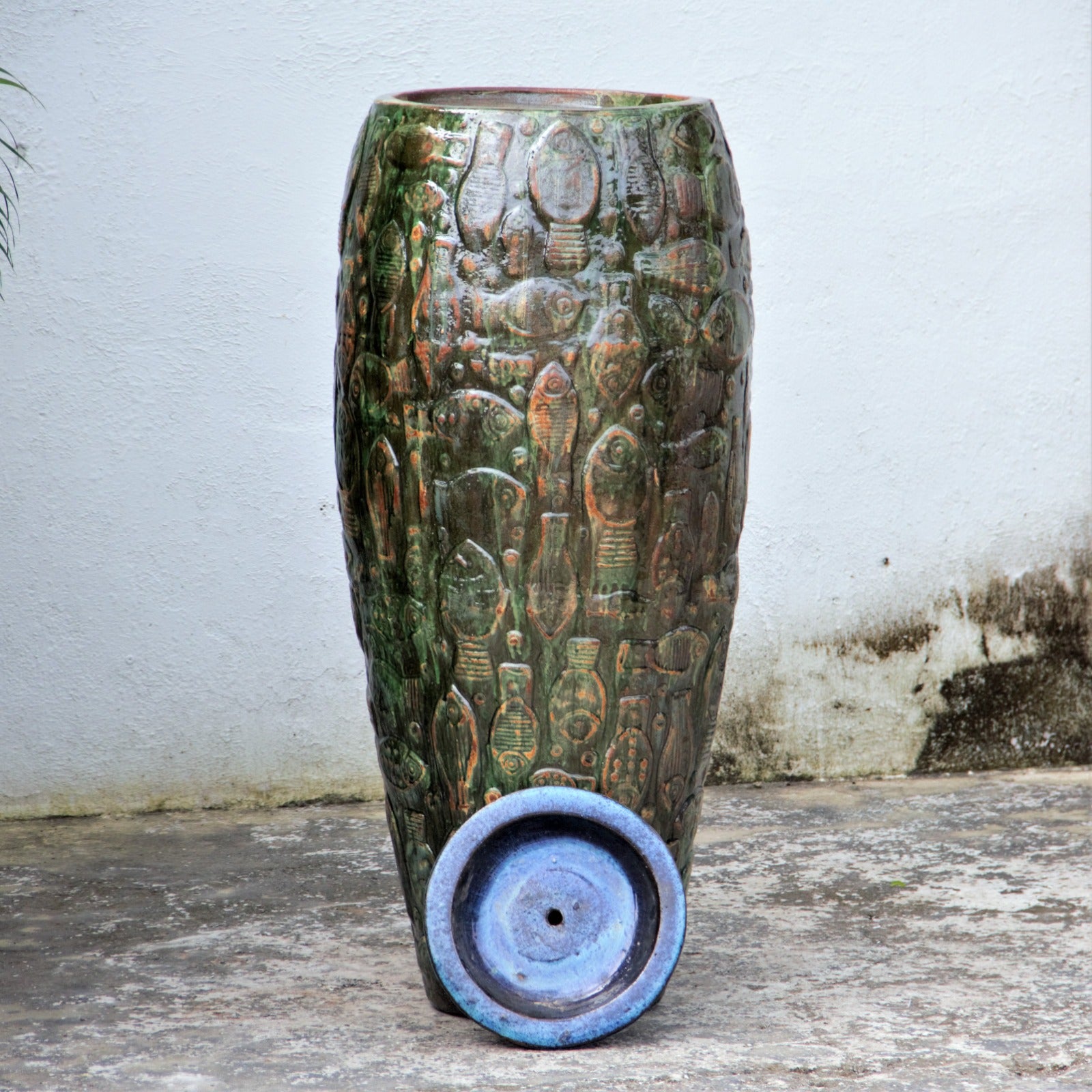Green with brown Embossed Fish Ceramic Planter