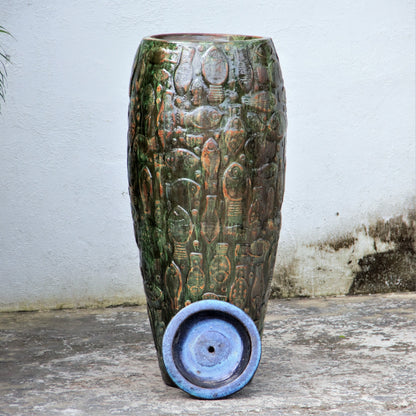 Green with brown Embossed Fish Ceramic Planter