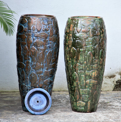 Blue and green with brown Embossed Fish Ceramic Planter