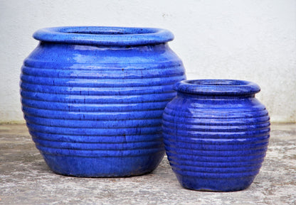 Blue Round Ribbed Planter Pot