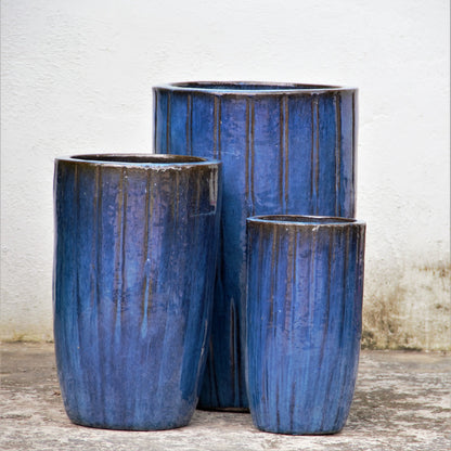 Blue Vertical Line Tall Planter with Brown accent