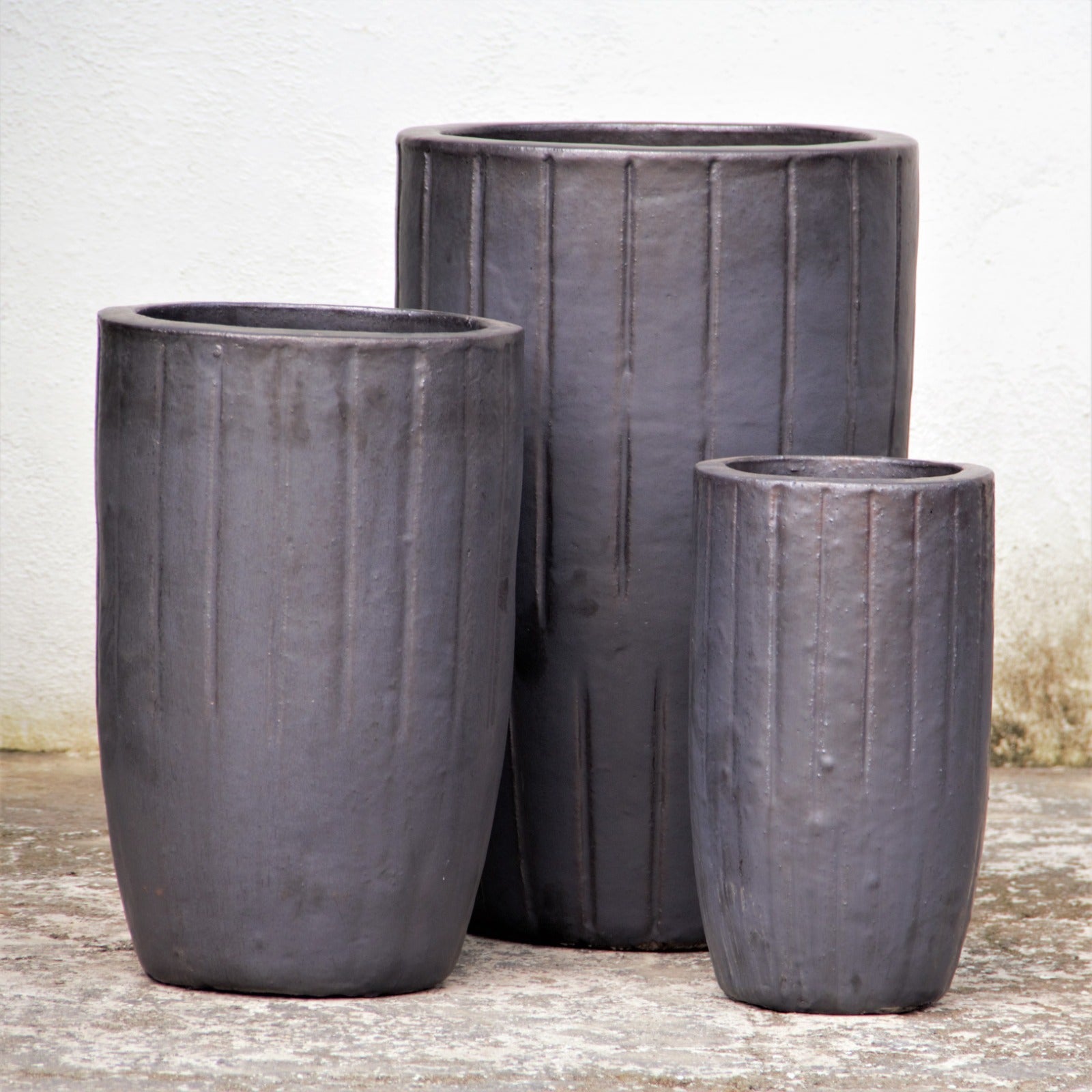 Gray Vertical Line Tall Planter with brown accent