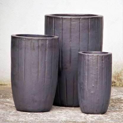 Gray Vertical Line Tall Planter with brown accent