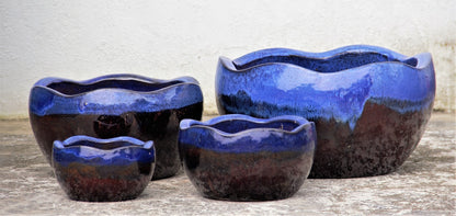 Brown with Blue Wavy Drip Glaze Bowl Planter Set