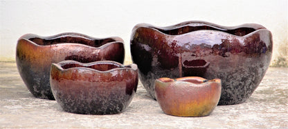 Reddish brown wavy drip glaze planter set